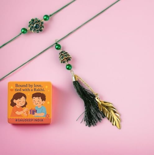 Image of Saudeep India Fridge Magnet with Rakhi Combo Gift Set of Lumba Couple Rakhi for Bhaiya Bhabhi | Travel Souvenir | Refrigerator Magnet(Green Feather)