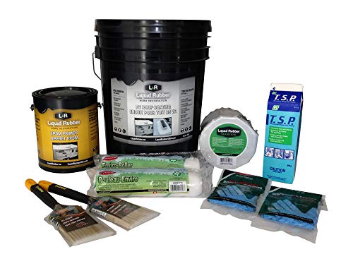 L R Liquid Rubber RV Roof Coating/Sealant 5 Gallon Kit - Includes RV Coating, 4 Inch x 50 Foot Seam Tape, EPDM Primer, TSP Cleaner, Brushes, Rollers, and Gloves - Brilliant White