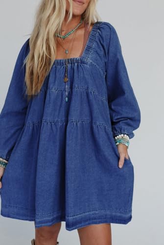 utcoco Women 2025 Trendy Casual Square Neck Denim Dress Tie Back Puff Sleeve Jean Mini Dress with Pockets4
