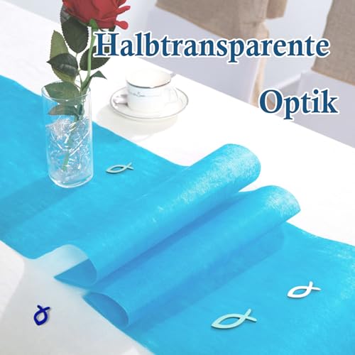 VOPIWOZ 30cm x 10m dekoratives Tischband, Vlies Tischläufer Blau, Tischläufer Frühling, Enthält 45 Holzfische Kommunion Deko, Taufe Deko Junge und Mädchen, Tischläufer Moderne für Konfirmation Deko