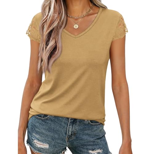 Image of Womens Tops V Neck Short Sleeve T Shirts Womens Summer Tops Casual Soft Basic Lace Tops Spring Summer Tees Clothes 2026