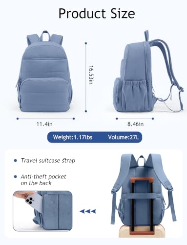 Image of Uselike Travel Backpack for Women, 15.6 Inch Laptop Backpack, Quilted College Bookbag, Cute Work Backpacks, Water Resistant (Haze Blue)