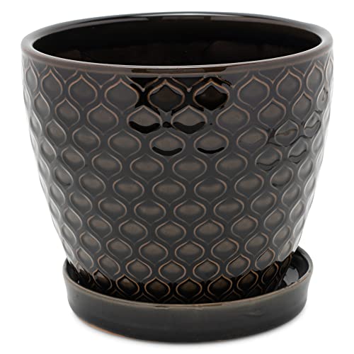 Napco Maceta de cerámica esmaltada negra con platillo para macetas de cerámica de 15.25 x 15 cm