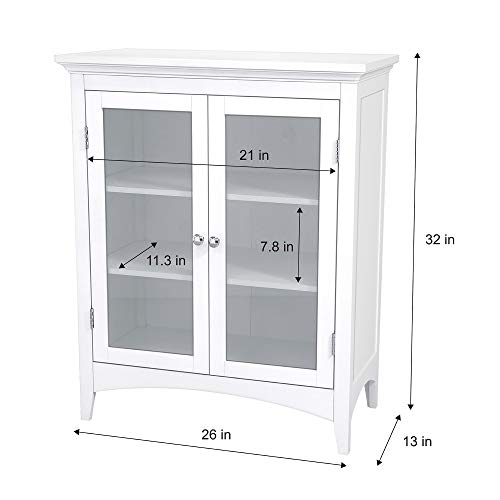 Elegant Home Fashions Madison Freestanding Floor Cabinet Bathroom Kitchen Living Room Storage Organizer with 2 Glass Doors 2 Adjustable Inner Shelves, White