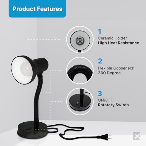 Image of Xtricity LED Desk Light, 360 Adjustable Gooseneck, (Black Finish) | Home and Office Lamp with 7W A19 Bulb, 120V, On /Off Switch, 14 inch Height - Reading Lamps for Bedside Table, College Dorm