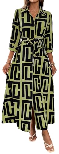 Boho Chic Women's Geometric Print Maxi Dress with Split Hem, Shirt Collar & 3/4 Sleeves -3 X-Large