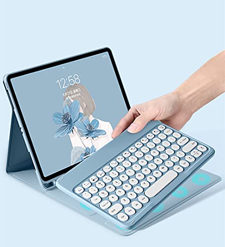 お洒落 可愛い iPad Air Air2 iPad5 iPad6 キーボード付きケース 人気 Apple Pencil 収納 スタンド マグネット分離式 丸型キー 第5世代 第6世代 アイパッド 9.7 キーボード カバー 薄型 軽量 ワイヤレスBlue