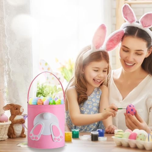 Image of Bunny Easter Basket, 8.5 Inch Cylindrical Felt Bag for Easter Egg Hunts Party Favor