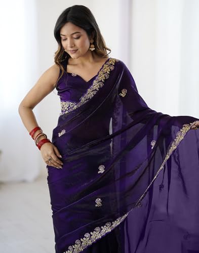 Image of SIRIL Women's Tissue Silk Sequence Embroidery Saree with Unstitched Blouse Piece