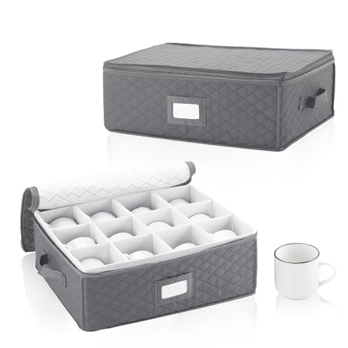 RETON 2 Pack Mug Storage Box with Dividers, China Cup Storage Chests with Zipper Lids, Glassware Storage Cases Hard Shell and Stackable for Coffee, Tea Cup, Bar Glasses