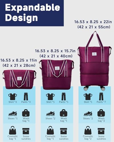 Arxus Carry On Luggage for Airplane, Rolling Duffle Bag with Detachable Wheels and Adjustable Shoulder Strap, Expandable Foldable Wheeled Travel Bag with Suitcase Sleeve for Women, image 7
