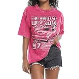 Pairxily Oversized Graphic Tees for Women Baggy Streetwear Preppy Shirts for Teens Race Car Checkered Flag Drop Shoulder Top(Pink,S)