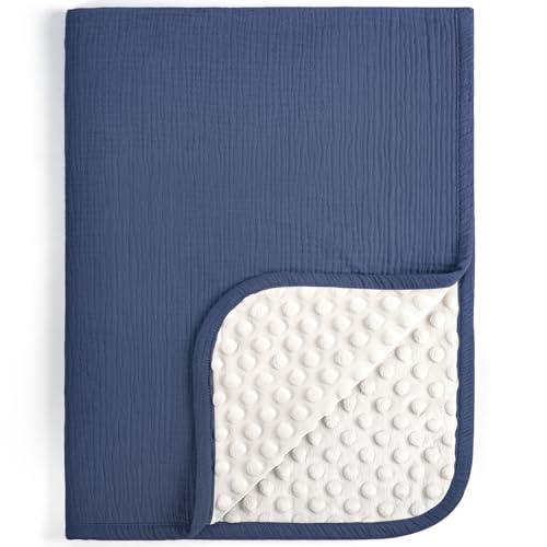 Image of lulumoon Baby Blankets for Boys Newborn: Reversible Muslin & Minky Dotted Backing - Thermal Receiving Blanket for Stroller & Registry Gift 30"x40"(Blue)