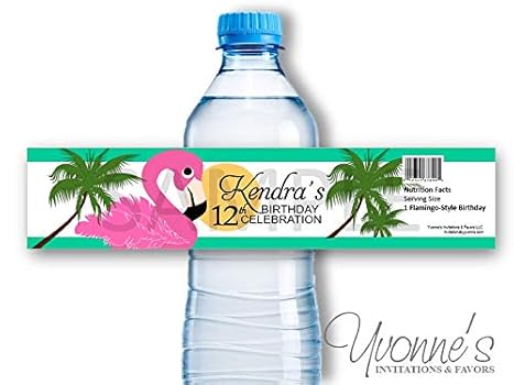 Flamingo Water Bottle Labels Wrappers Personalized-Hawaiian Luau-Summer Tropical Birthday-30th 40th 50th 60th Birthday (Set of 12)