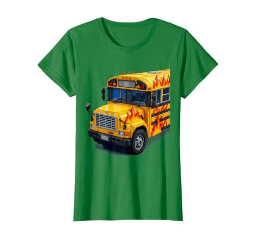 School Bus Driver Flame Bus Graphic T-Shirt, Women, Kelly Green, 3X-Large