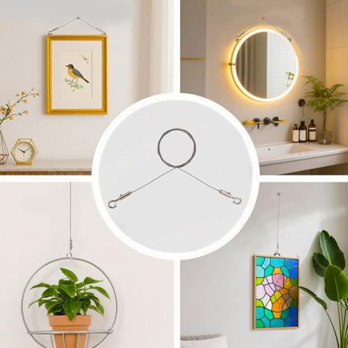 Image of Adjustable Picture Hanging Wire Kit, Supports up to 50lbs Include 4pcs Picture Hanging Wire Hanger Hardware & 8 D Rings & 16 Screws, for Art Pictures Mirrors Billboards Frame Canvas