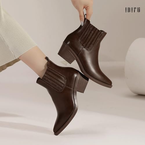 IDIFU IN2 Women's Chelsea Boots Pointed Toe Ankle Booties Low Short Chunky Block Heel Fall Boots Slip On Dress Boots for Women Ladies Comfy Casual Comfortable Cute Elastic Boots3