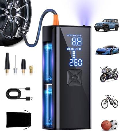 Close-up view of the GJOSYOI tire inflator showing its compact design and screen.