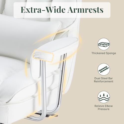 Image of Executive Ergonomic Office Chair, PU Leather High Back Reclining Office Chair with Footrest and Lumbar Support, Height Adjustable Rolling Swivel Computer Chair for Home Office,White
