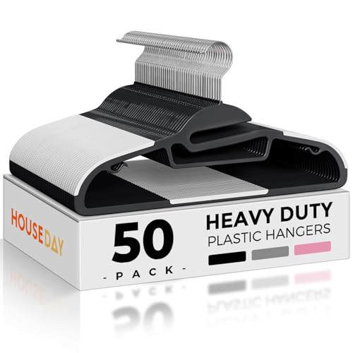Image of HOUSE DAY Slim Plastic Hangers with Non Slip Rubber Pads, 50 Pack, Black