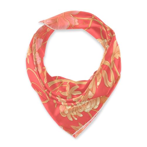 Gold Peach Floral square silk scarf lightweight scarf shawl for women for Gift 35x35 bufandas para mujer