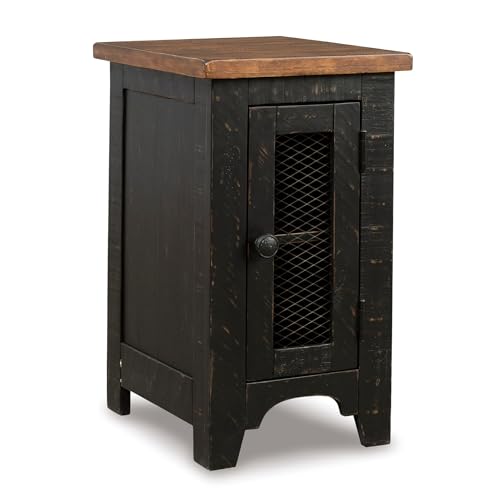 Image of Signature Design by Ashley Valebeck Rustic Farmhouse Chair Side End Table with Cabinet Door, Distressed Black