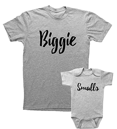 Image of Baffle Funny Biggie Smalls Grey Clothing Bundle, BIGGIE & SMALLS TEXT, 90s Hip Hop Rap, Unisex Grey Tee & Baby Onesie Set