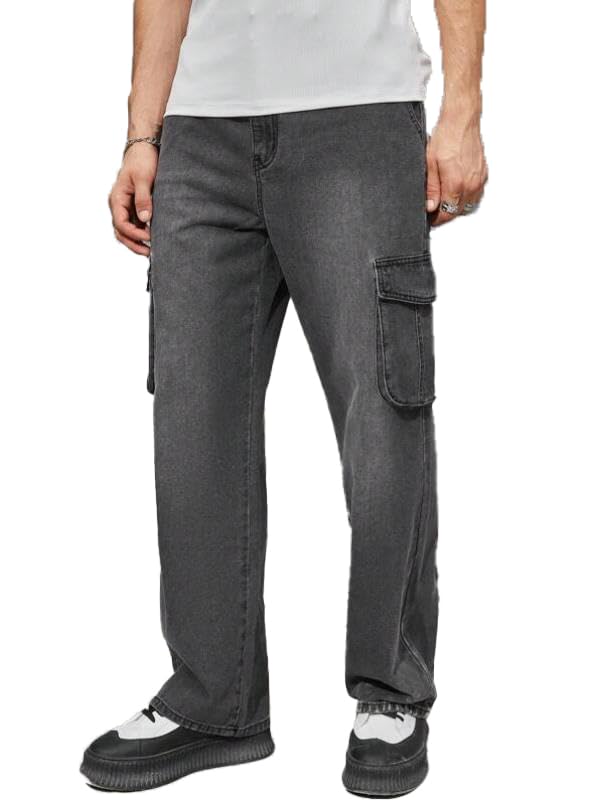 Image of KOTTY Men's Loose Fit Cargo Denim Jeans - Vintage Washed Utility Jeans with Side Pockets