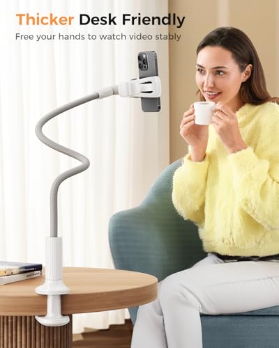 Image of SAIJI Gooseneck Phone Stand for Bed, Lazy Bracket Cell Phone Holder Long Arm Clip Clamp Mount for Filming, Compatible with 4-7'' Mobile Cell Phone Stand Document Camera Nintendo Switch(Grey)
