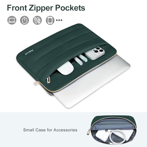 Image of MOSISO 13-14 inch Laptop Case, 13.3 inch Puffy Laptop Sleeve Compatible with MacBook Air 13 13.6 M3 M2 M1 /Pro 13 /Pro 14, HP, Dell, ASUS, Lenovo, Polyester Horizontal Bag with Small Case, Peacock Green