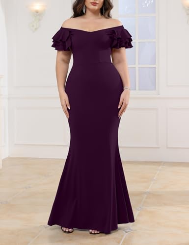Image of Ekaliy Women's Plus Size Maxi Dress Elegant V-Neck Ruffle Sleeves Bodycon Mermaid Evening Gown