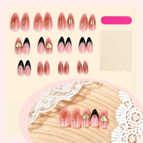 Image of Gold Heart Press on Nails Black French Tip Fake Nails with Rhinestone Design Reusable Star Nail Press ons Brown Ombre Glossy Full Cover Medium Almond Glue on Nail for Women Girls Manicure 24Pcs