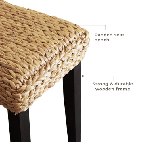 Image of Entryway Bench with Solid Wood Acacia, 47 inch End of Bed Bench for Bedroom, Water Hyacinth Indoor Bench Seat, Boho Woven Bench for Living Room, Wicker Bench for Hallway or Kitchen, Wood Bench (Black Leg)