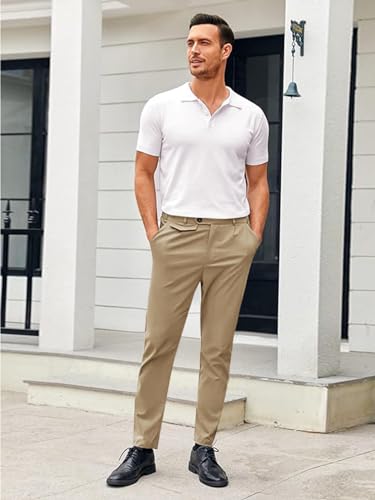 Image of Mens Chinos Slim Fit Pants Stretch Tapered Dress Pant Casual Trousers | Skinny Slacks, Flat Front Design, Stretch Cotton Fabric, Solid or Plaid, Work Dress Pants, Business Casual Wear