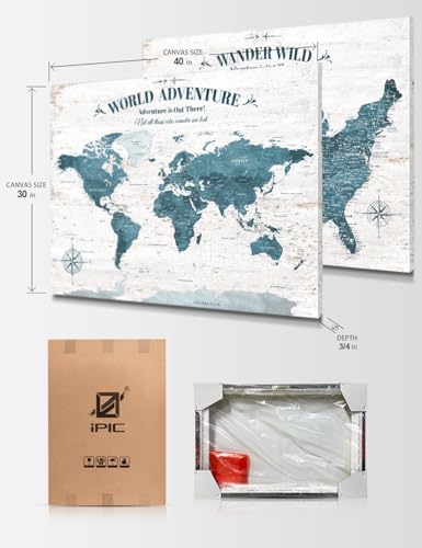 Image of IPIC - Vintage World and USA Push Pin Travel Map Set of 2 on Canvas, Large World Maps for Wall and US Map for Travel Tracking, Wall Art for Travelers and Home Decor, Made in USA