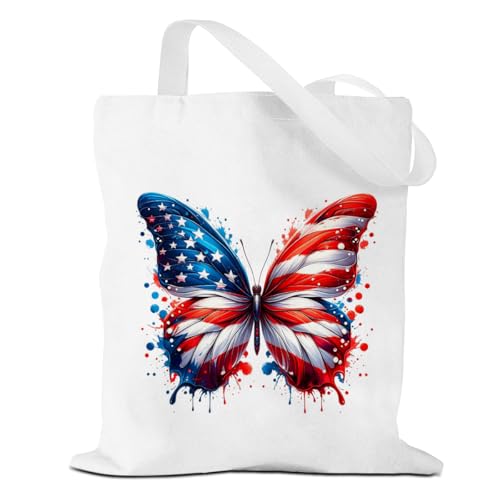 VICBOU American Flag Butterfly Canvas Tote Bag，4th of July Independence Day Patriotic Coquette Butterfly Gifts for Women Girls Friend Reusable Shoulder Tote Bag for Grocery Shopping Travel Gym Beach