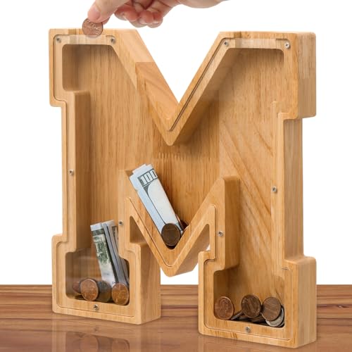 Image of Wooden Letter Piggy Bank for Kids Boys Girls Adults 10 inch Large 26-Letter Unbreakable Money Box Personalized Savings Coin Bank with DIY Sticker. Christmas, New Year, Birthday Gift for Children's-M