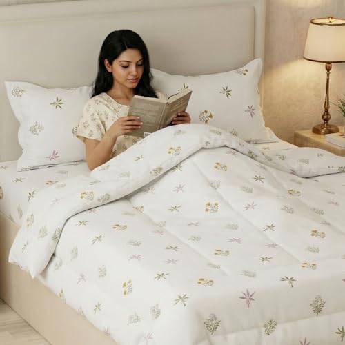 Image of Huesland 210 TC Premium Pure Cotton Bedsheet Queen Size Bed Cotton with 2 Pillow Covers | Palm Meadow | Cream, Pink, Green & Ocre