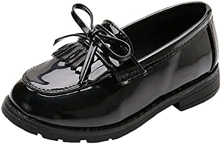 WUIWUIYU Girls Patent Leather Slip-On Penny Loafers Flats Bow Tassel Oxfords Moccasins Dress Shoes Black Size 2.5