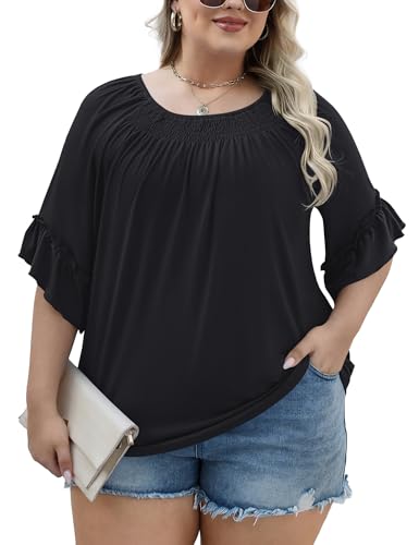 Image of Micoson Womens Plus Size Tops 3 /4 Ruffle Sleeve Crewneck Pleated Shirts
