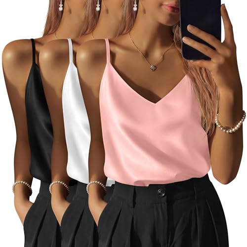 Image of 3 Pack Women's Silk Satin Camisoles V Neck Tank Tops | 95% Polyester, 5% Spandex, Adjustable Spaghetti Strap, Loose Blouse, Daily Wear, Sleeveless, Classic V Neck