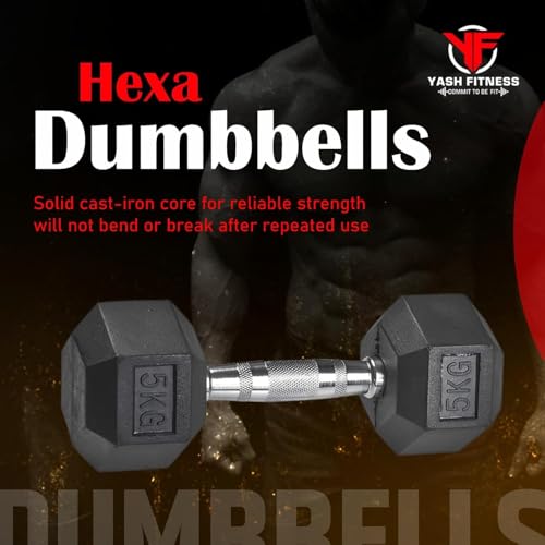 Image of Set Of 2 Rubber Professional Hexa Dumbbells | Fixed Weight Dumbbell | Dumbbells Set For Home Gym & Gym Training | Gym Equipment Dumbbells Set | Durable Dumbbell Set (5 Kg)