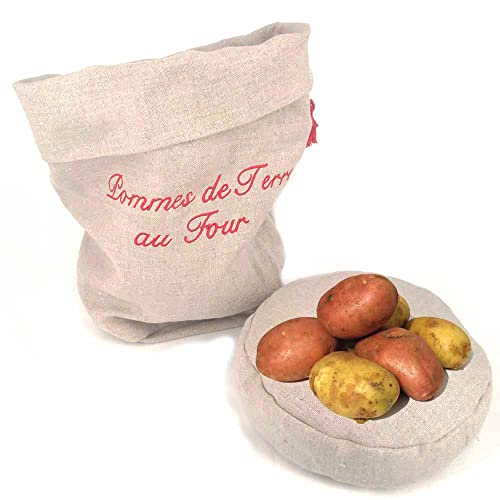 Bolsa para hornear patatas en horno microondas – 100% lino natural de doble grosor – Cojín de núcleo de cereza para mantener el calor – Fabricación Francia