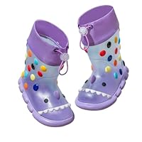 Kids Wellington Boots with Toggle Cuff- Lightweight Non-Slip EVA Wellies for Boys & Girls, Waterproof Puddle Boots with Fun Monster Design Purple 6.5 UK