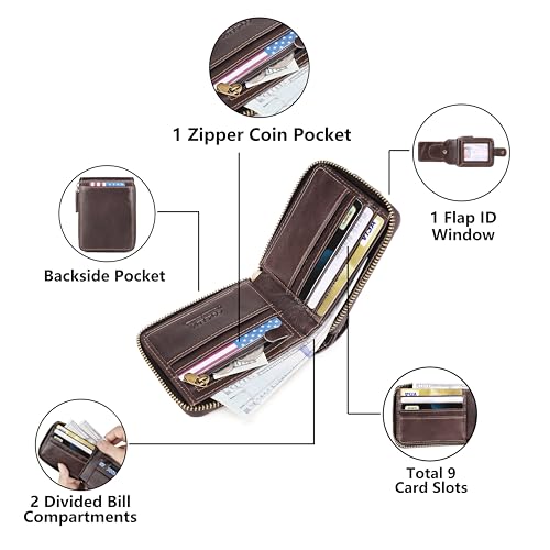 Image of Airtag Wallets For Men With Zipper RFID Blocking Leather Bifold Mens Wallet - Big Capacity Credit Card Travel Wallet - Flap ID Window Zip Coin Pocket (Coffee)