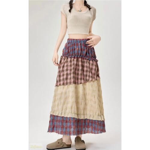 Boho Patchwork Midi Skirt Women's High Waisted Floral Print A-Line Vintage Cotton Skirt Elastic Waist Spring Summer2
