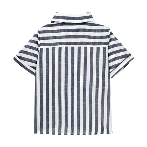 Girls Striped Cotton Linen Shirts Short Sleeve Lapel V Neck Button Down Tunic Tops Blouse Loose Fit Beach Casual Tees3