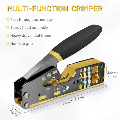 Image of COOLCOLD RJ45 Crimping Tool for Cat6 /Cat5e /Cat5 Ethernet Cable | Pass Through Network Crimper with Wire Stripper, 5 Cat6 Connectors & 5 Boots | LAN Cable Crimp Tool for Router & Networking Repair