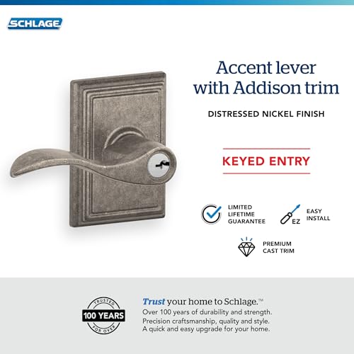 Image of SCHLAGE Accent Lever with Addison Trim Keyed Entry Lock in Distressed Nickel - F51A ACC 621 ADD