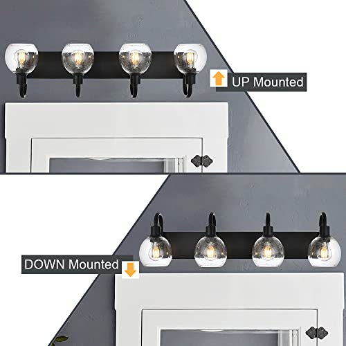 Image of 4-Lights Bathroom Vanity Light Fixtures with Seeded Glass Lampshades Black Industrial Wall Lighting for Over Mirror
